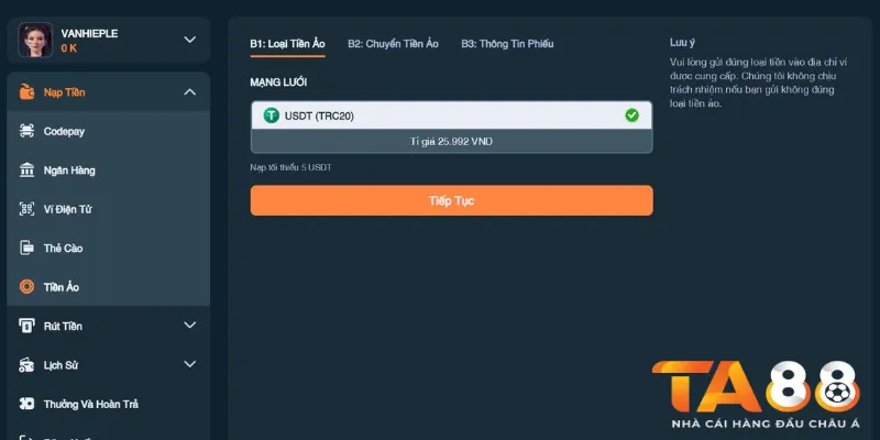 Nạp tiền Ta88 bằng tiền ảo