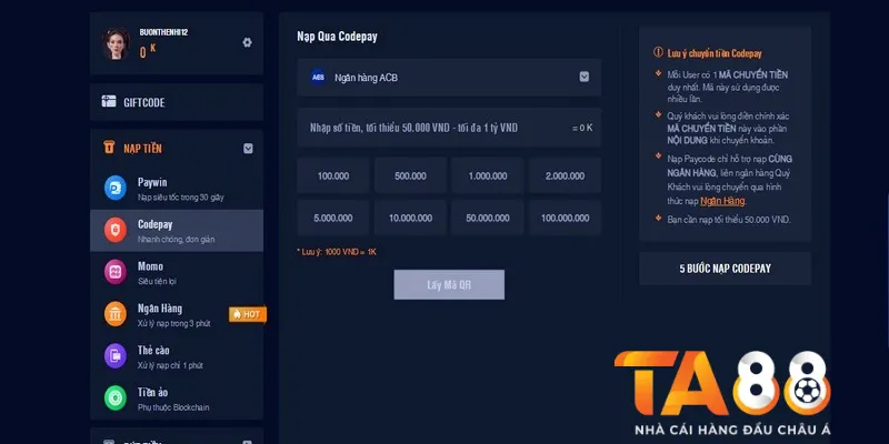 Nạp tiền Ta88 qua Codepay
