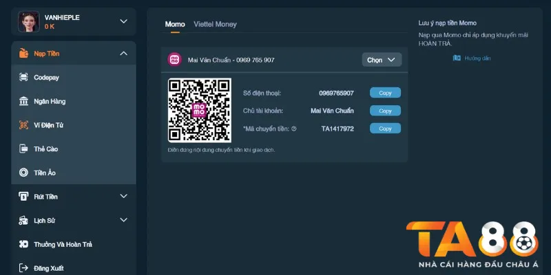Nạp tiền Ta88 qua ví điện tử